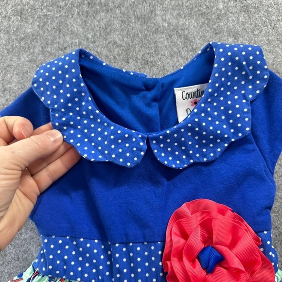 Counting Daisies Girls 3T Blue Floral Polka Dot Dress with 3D Flower Kidcore - Picture 3 of 6